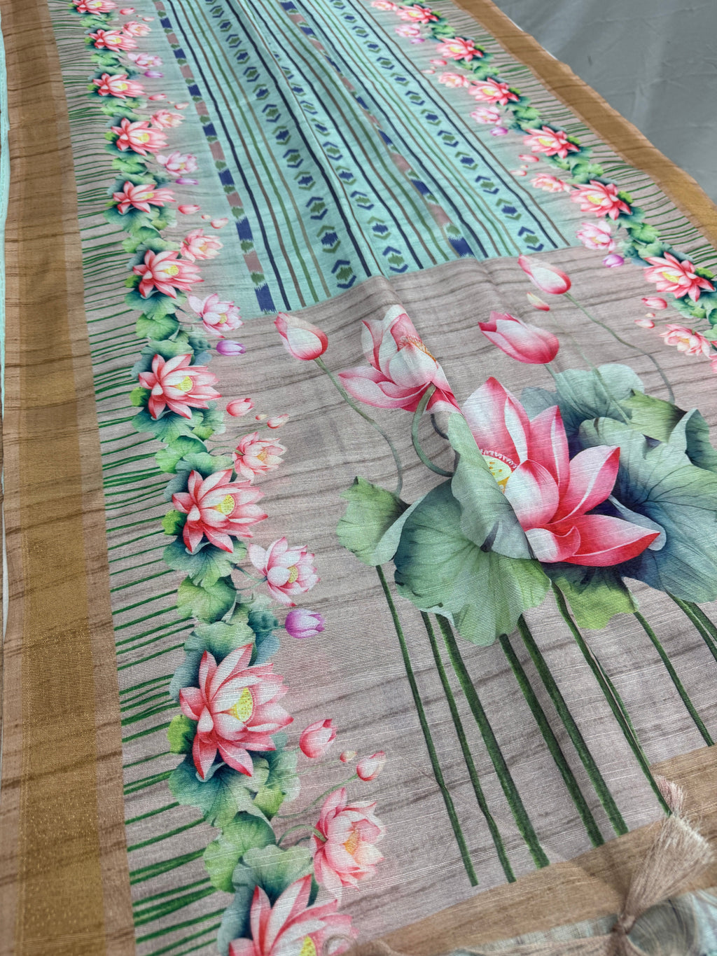 Soma | Sea Green & Earthy Brown Ikkat Fusion Semi Tussar Saree