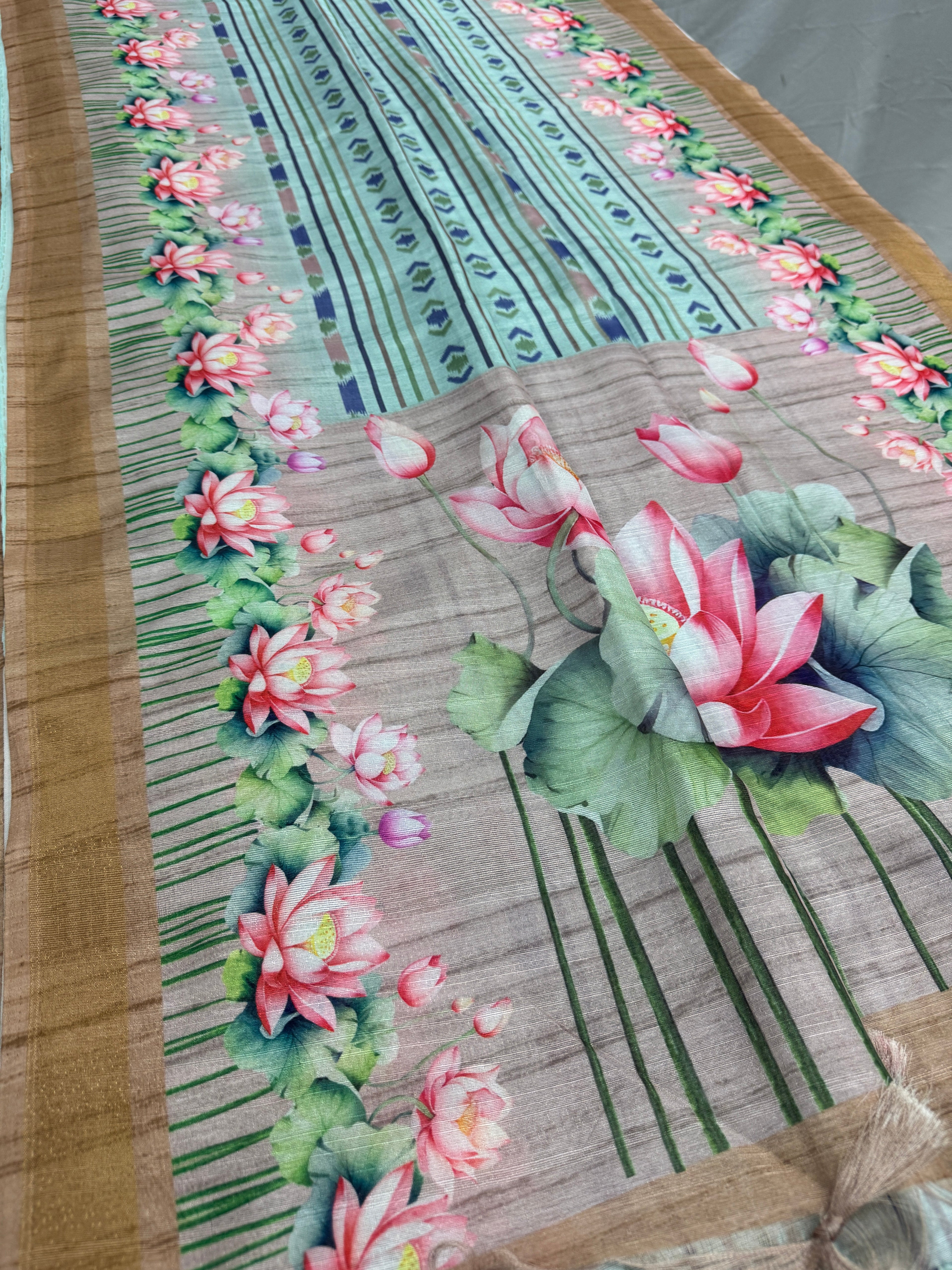Soma | Sea Green & Earthy Brown Ikkat Fusion Semi Tussar Saree