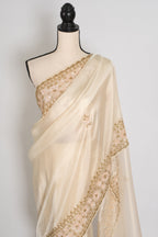 Shruti | Cream & Gold Soft Tissue Embroidered Wedding Saree | Pastel Collection