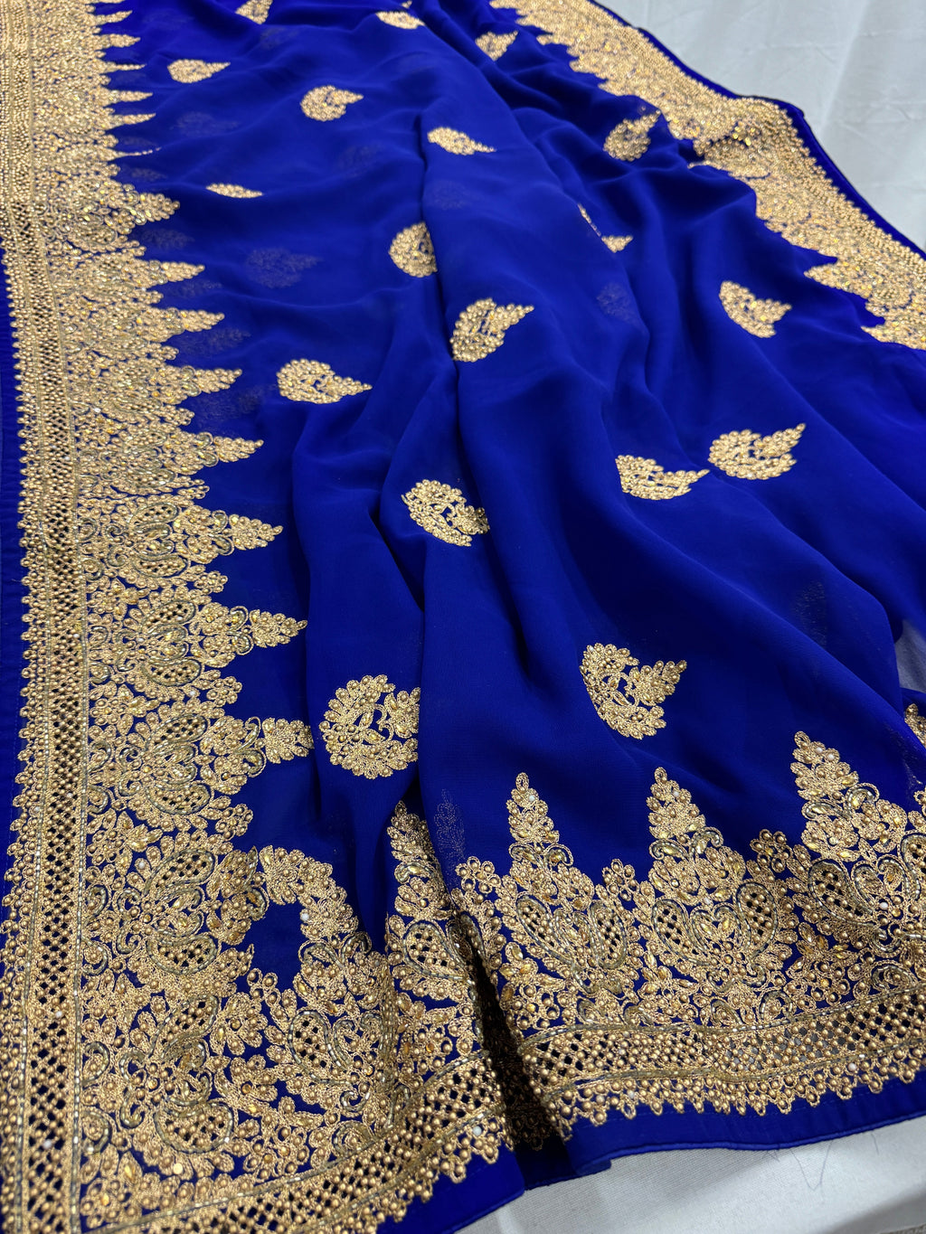 Tanima | Royal Blue and Gold Georgette Bridal Saree | Bollywood Partywear