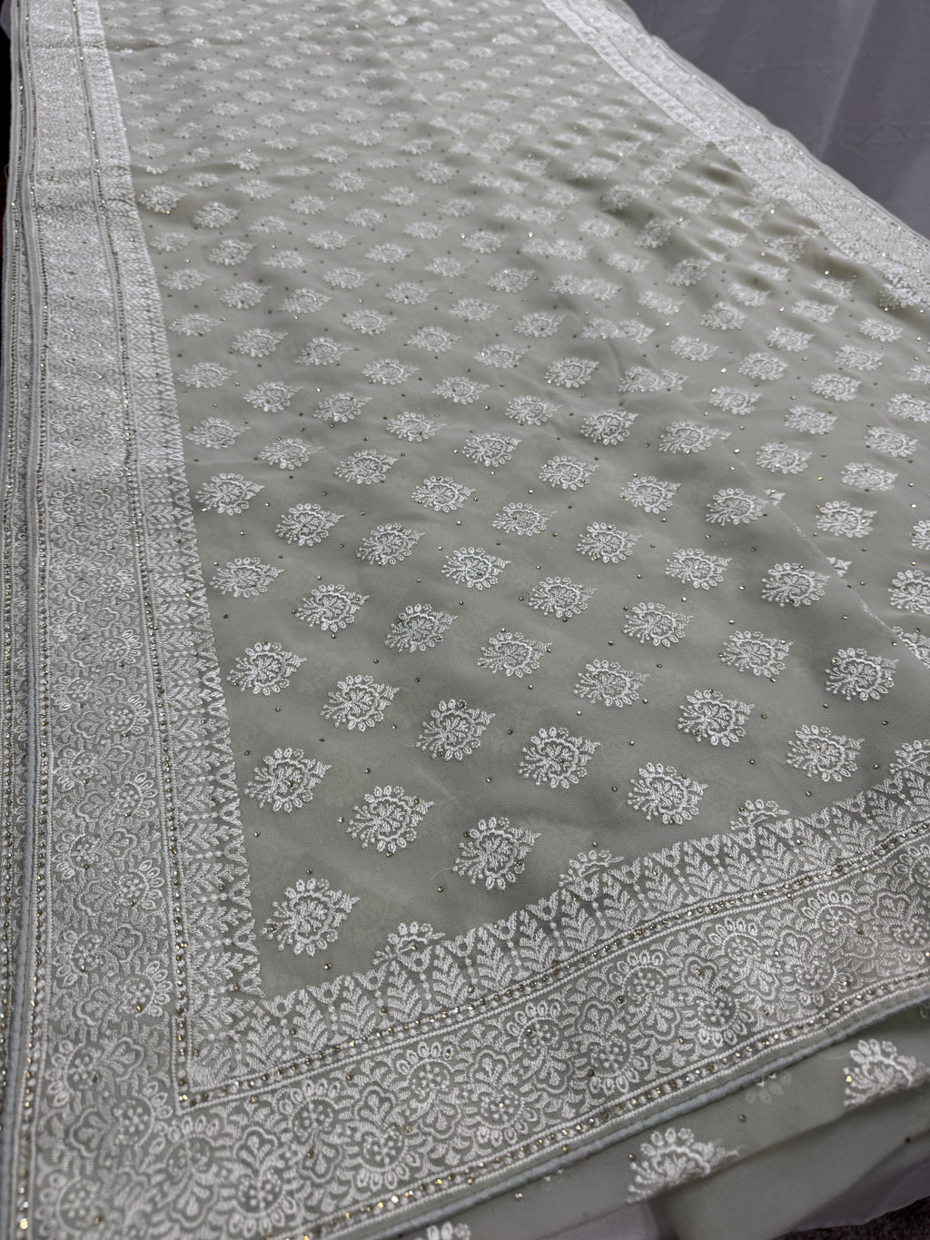 Medha | Sage Green Georgette Cocktail Saree | Elegant Pastel Floral Bootis