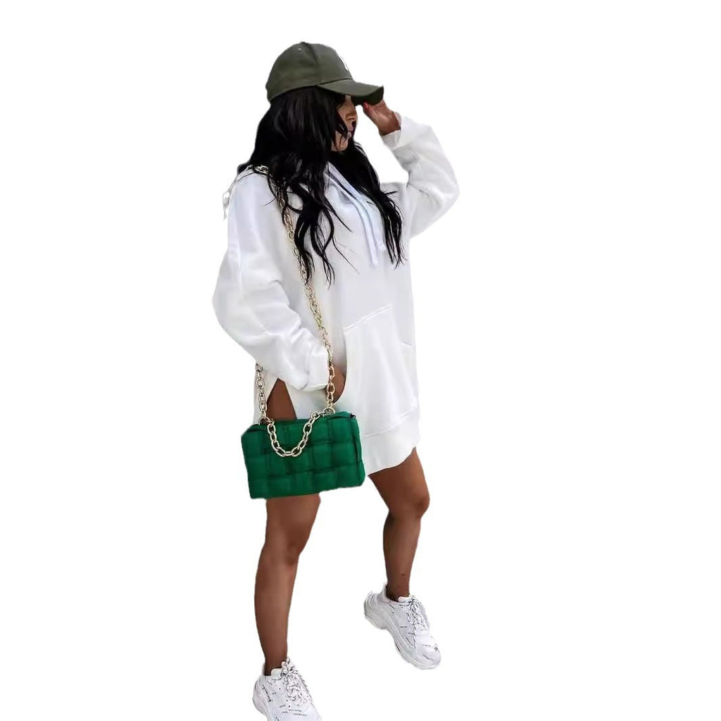 Women's Hooded Sweatshirt With Pockets Fashion Casual Split Mid-length Sweater Drawstring Tops