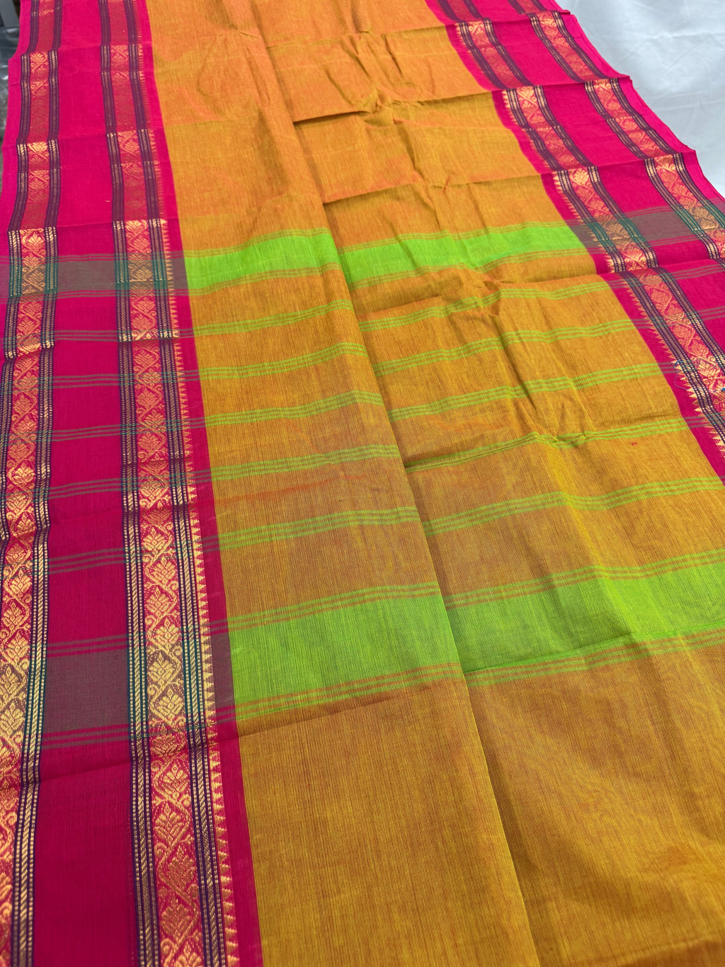 Vrinda : Handwoven Kanchi Cotton Saree in Orangish Yellow with Rani Pink