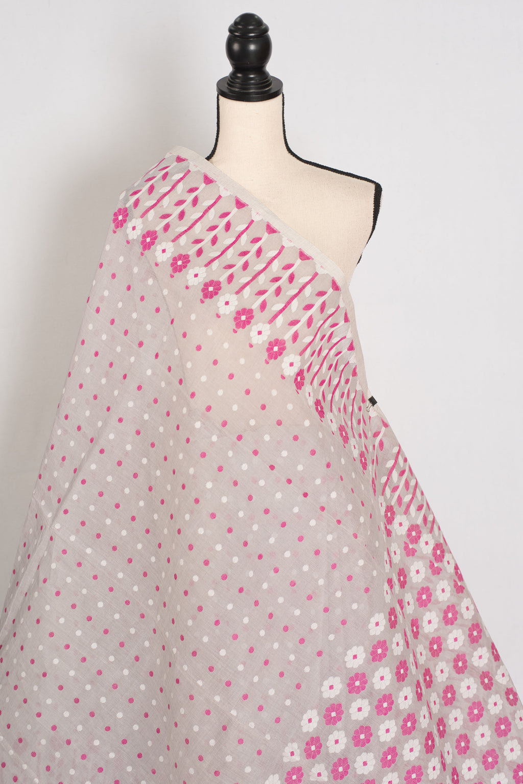 Geeta: Gray, Pink and White Pure Cotton Jamdani Saree with Blouse