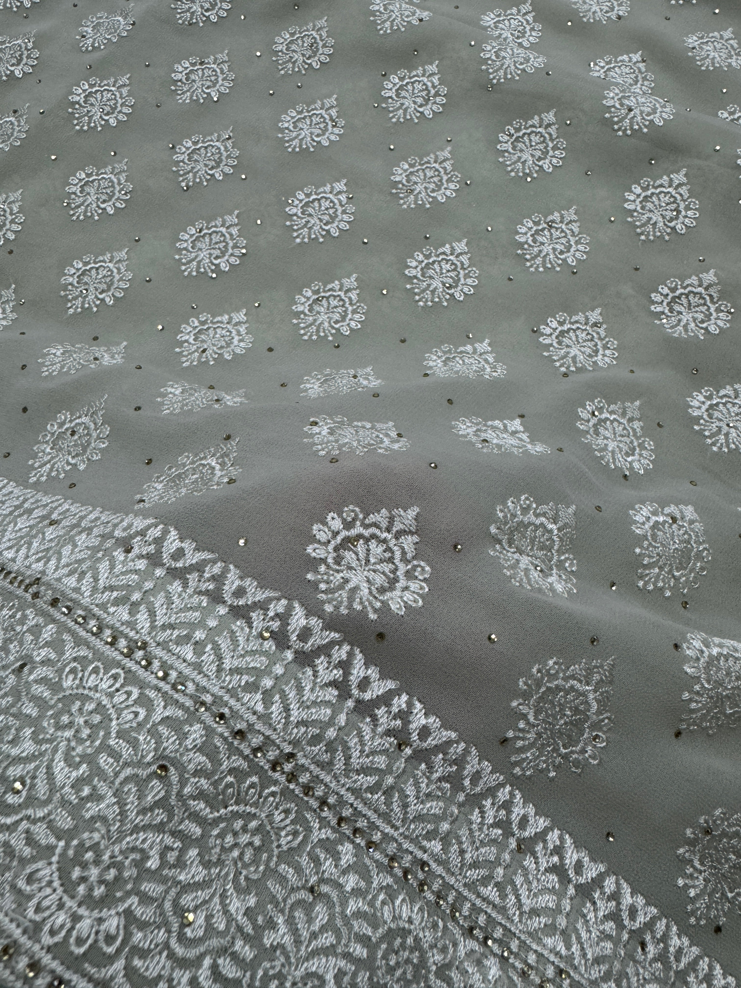 Medha | Sage Green Georgette Cocktail Saree | Elegant Pastel Floral Bootis