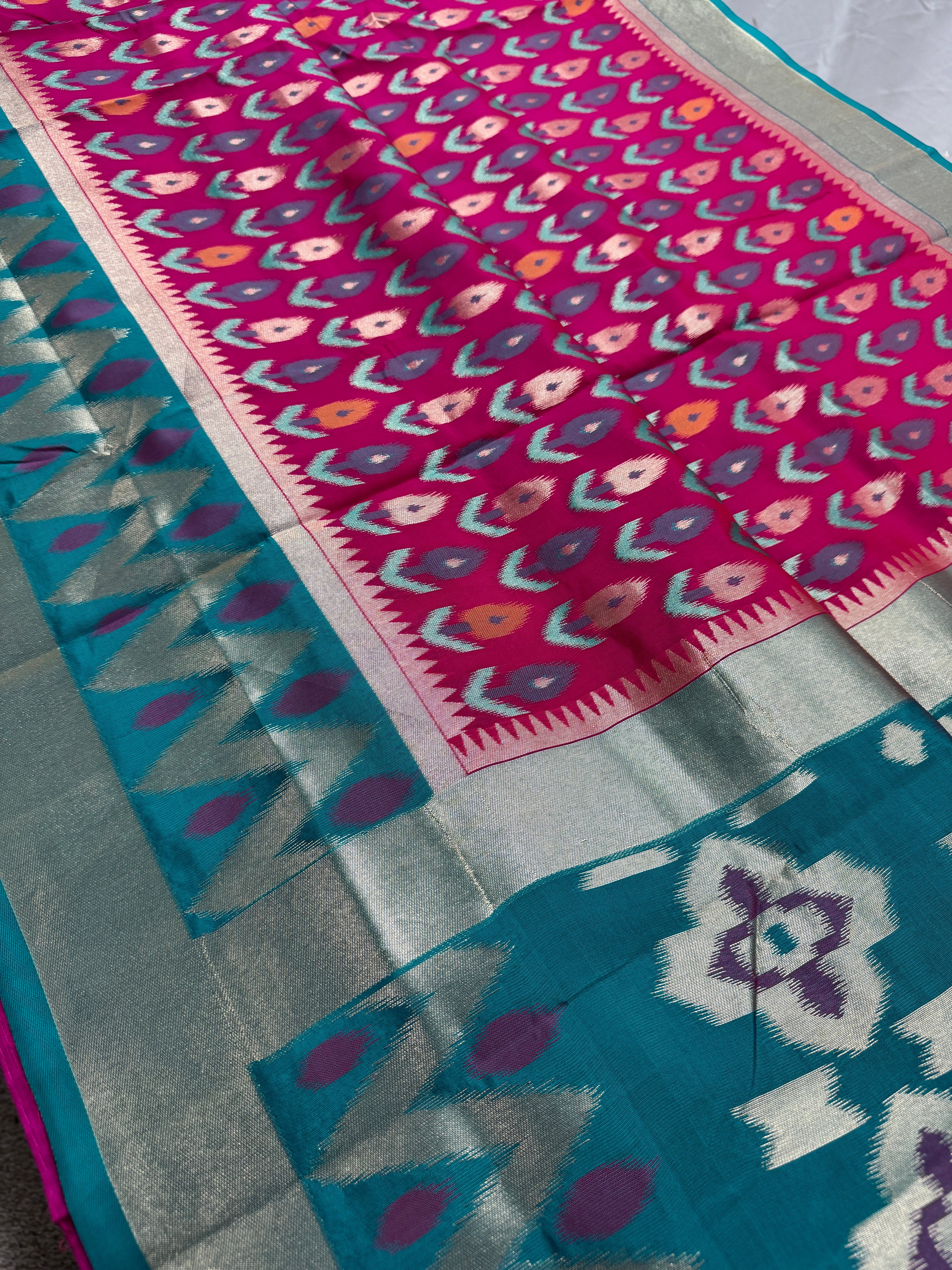 Kalyani | Hot Pink & Rama Green Art Silk Pochampally Saree