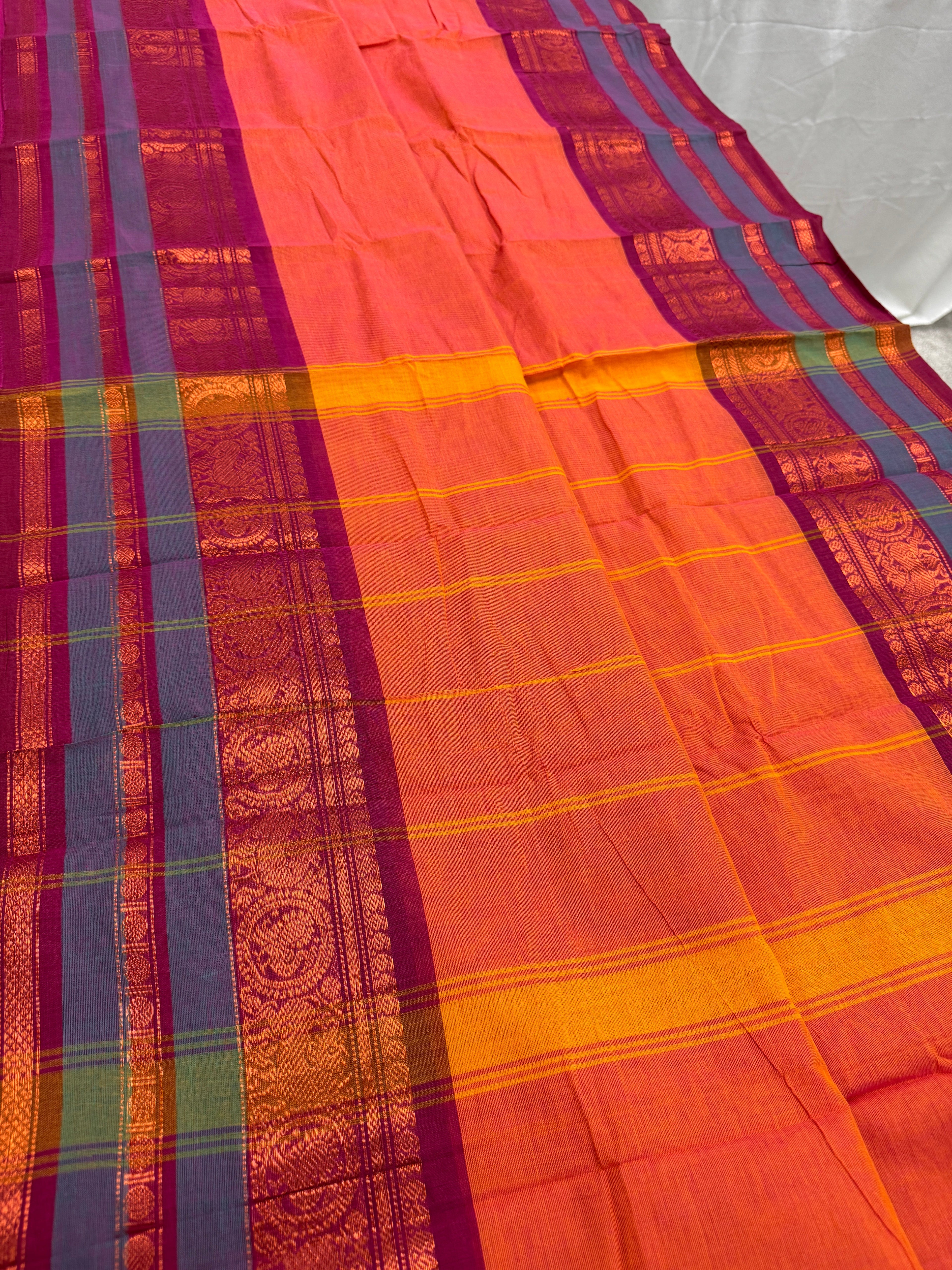 Malathi : Handwoven Kanchi Cotton Saree in Orange and Magenta