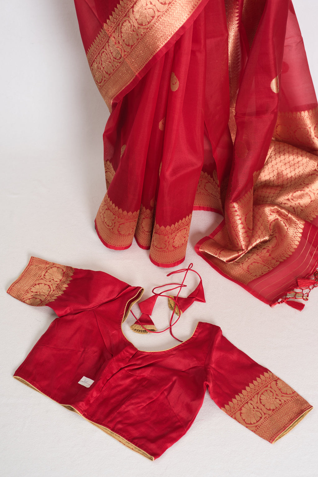 Ishq : Red and Gold Kora Organza Banarasi Saree with Stitched Blouse (Size 36)