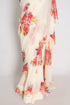 Liza : Cream and Red Floral Printed Chiffon Georgette Saree