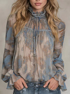 Womens Retro Long-Sleeve Stand-Neck Lace-Up Ruffle Flare-Sleeve Shirt