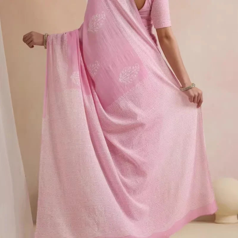 Indonesia and Nepal Chiffon Light Pink Cotton-Linen Ethnic Festival Traditional Print