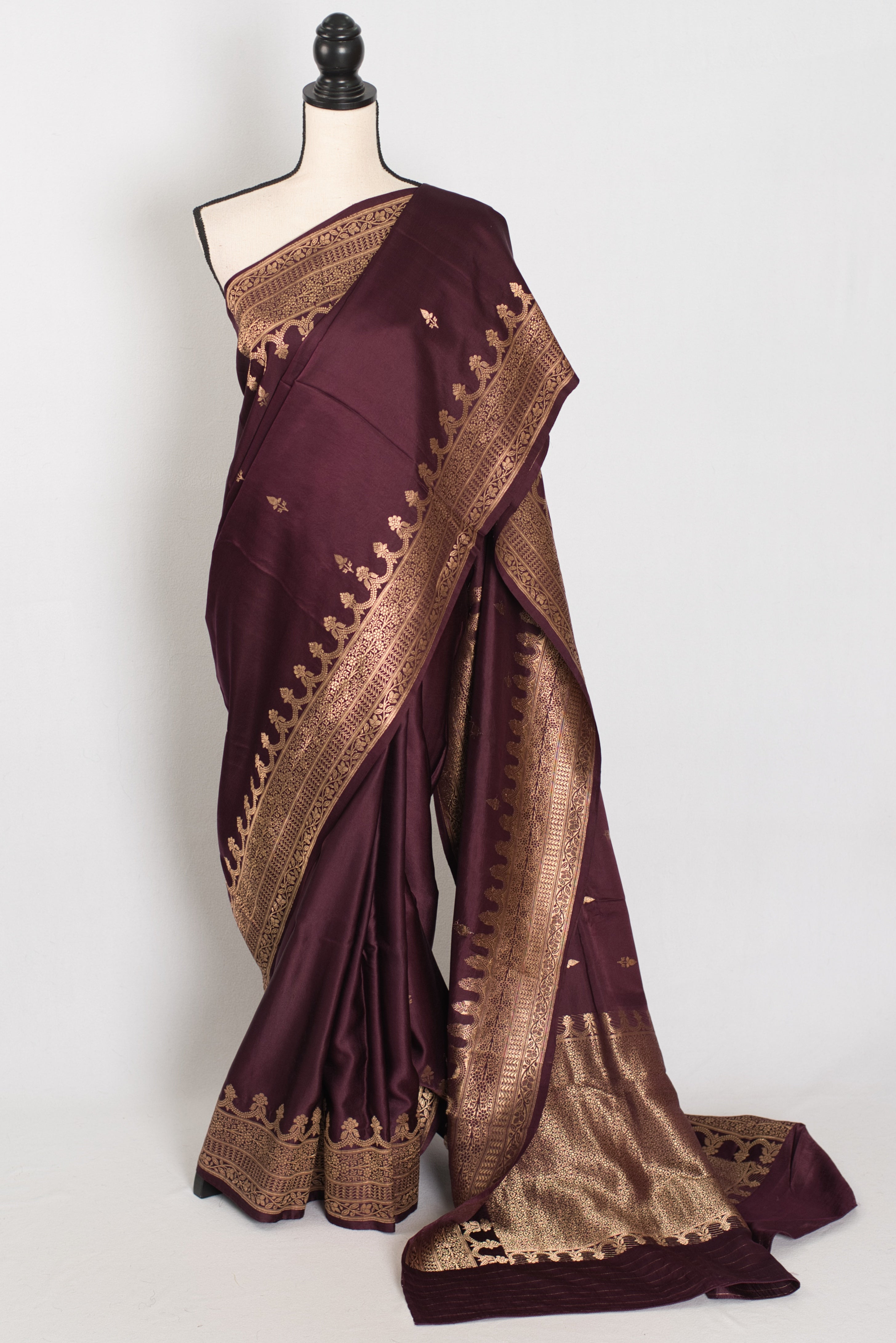 Ruuh | Wine Premium Mashru Banarasi Silk Saree | Antique Gold Zari Weaving