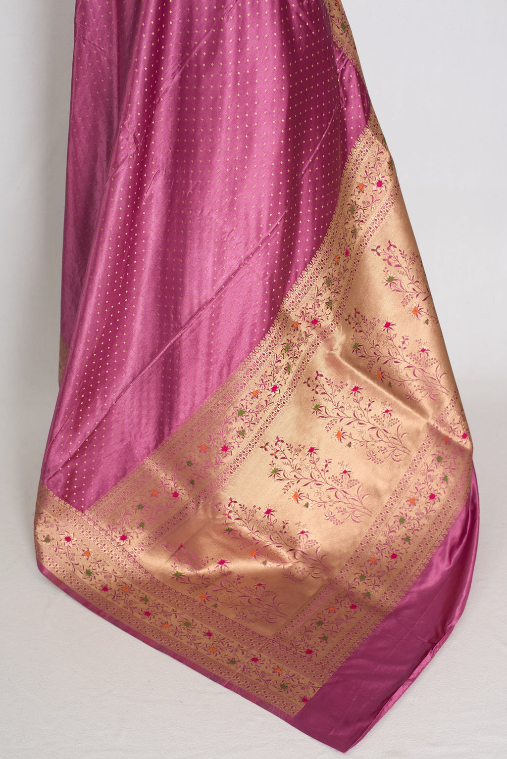 Indrani | Purplish Pink Semi Mashru Banarasi Saree | Pre-Stitched Size 36 Blouse