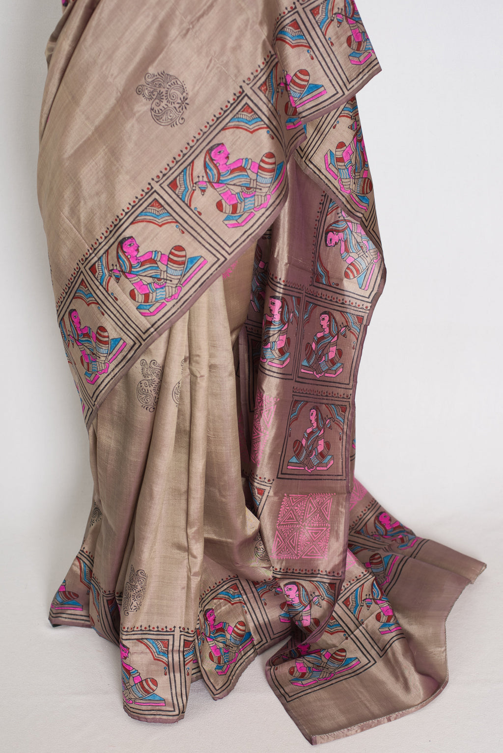 Ria | Ash Brown Hand Block Printed Bishnupur Silk Saree | 40 Size Blouse