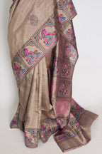 Ria | Ash Brown Hand Block Printed Bishnupur Silk Saree | 40 Size Blouse