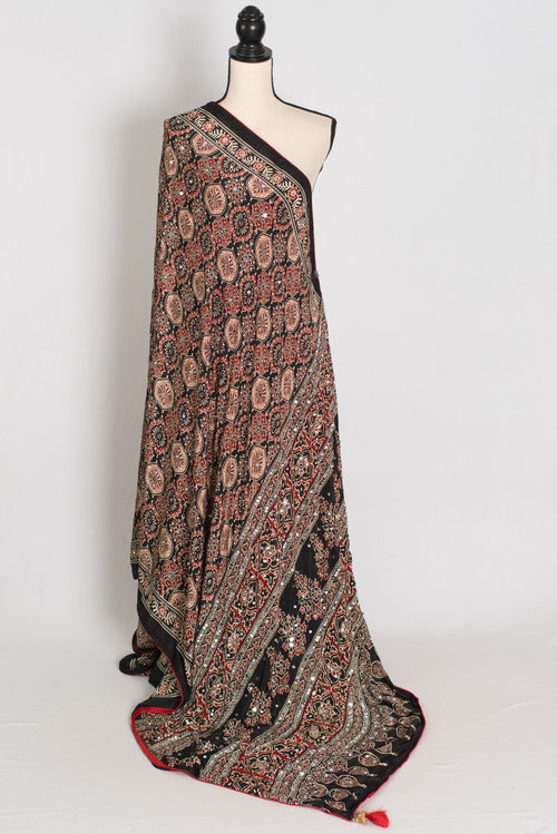 Aliya | Black Ajrakh Printed Mirror Work Saree| Bollywood Inspired Partywear