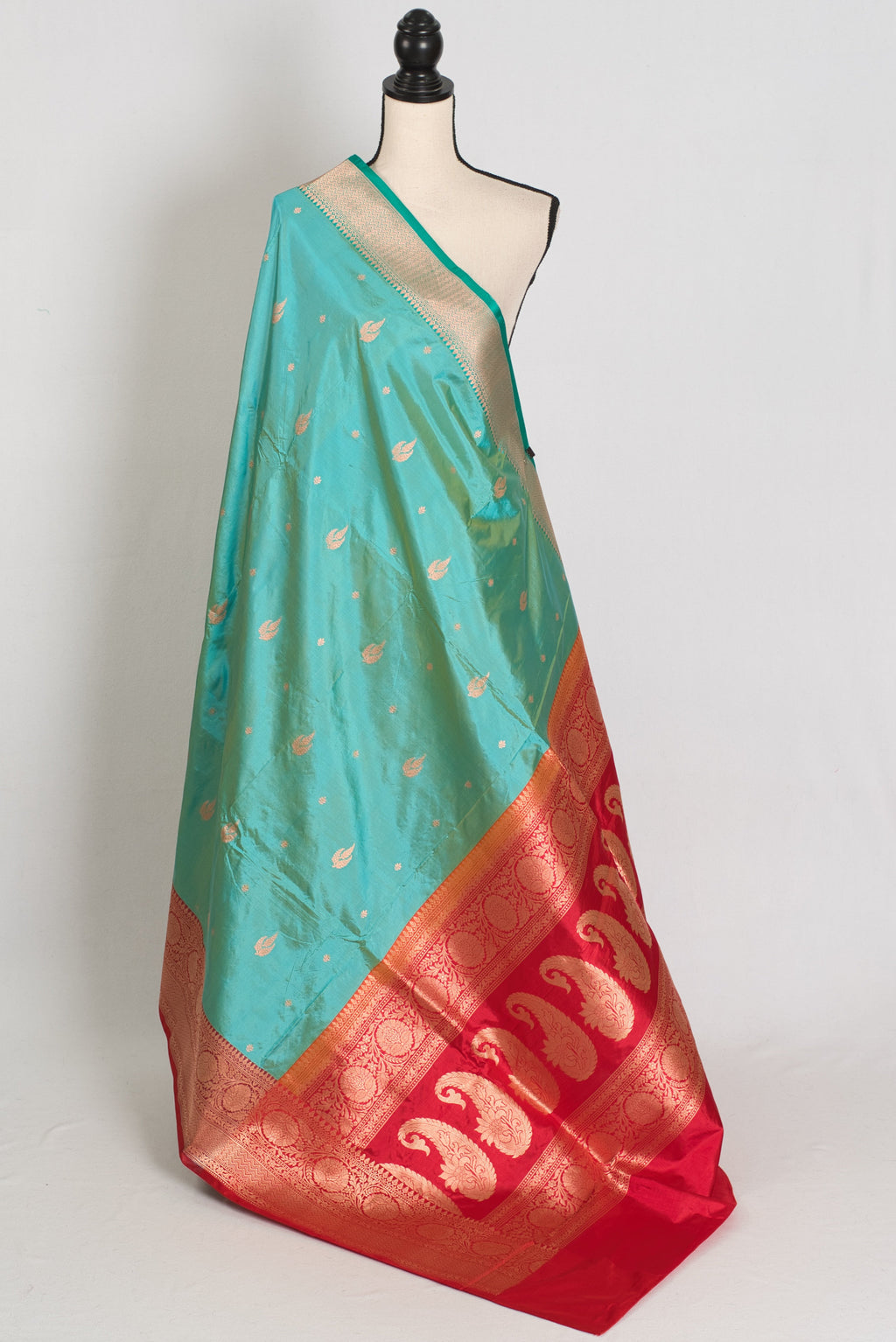 Nandini | Sea Green & Red Ganga Jamuna Border Banarasi Silk Saree