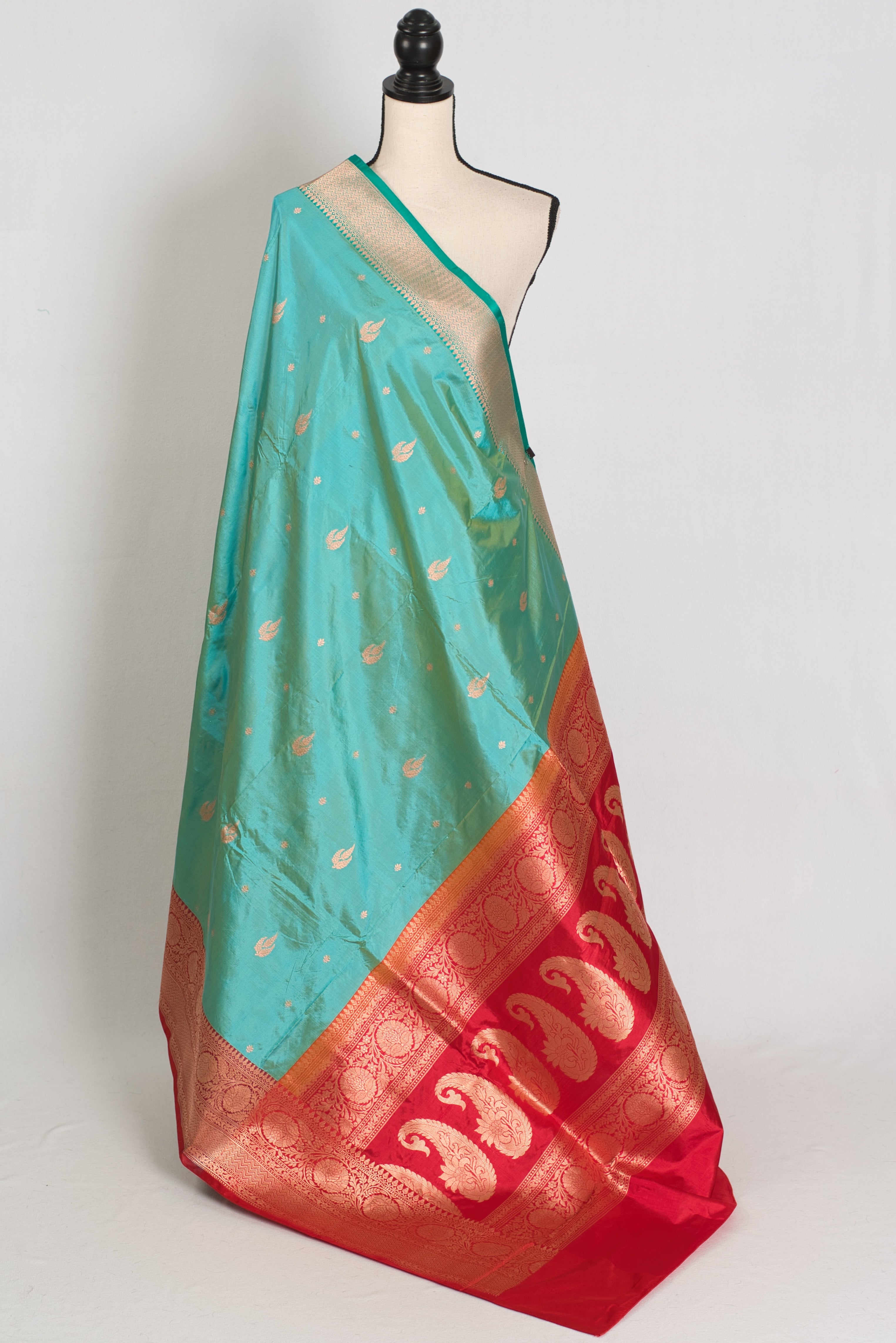 Nandini | Sea Green & Red Ganga Jamuna Border Banarasi Silk Saree