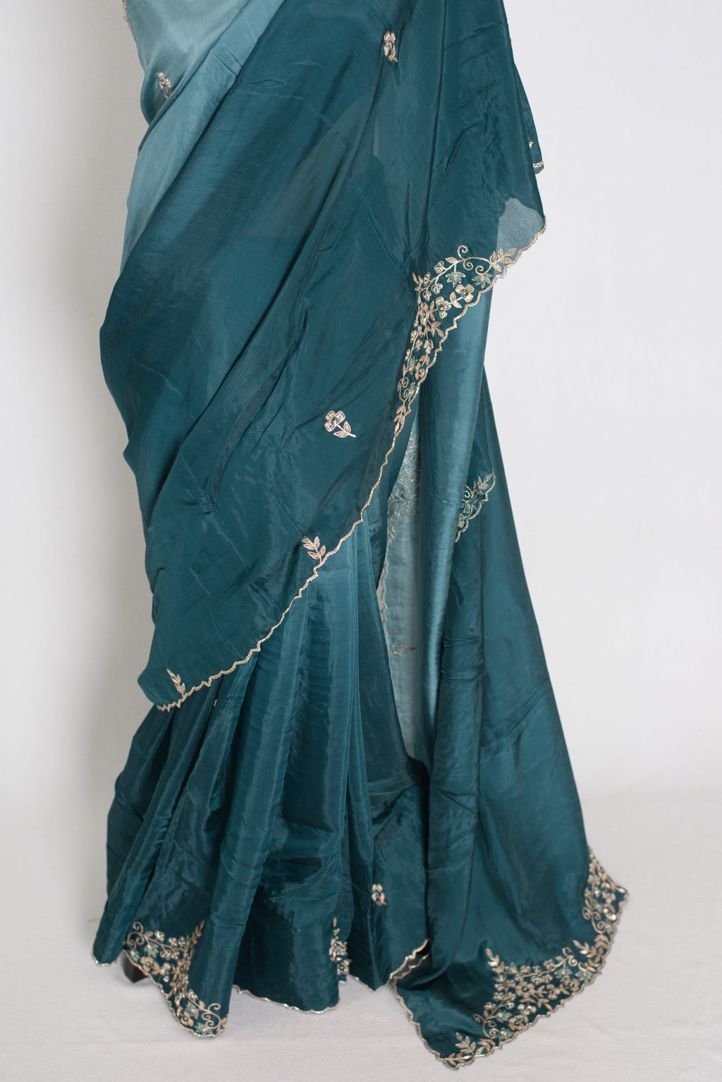 Nadia | Teal Green Shaded Soft Organza Saree | Zardosi Hand Embroidery