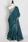 Nadia | Teal Green Shaded Soft Organza Saree | Zardosi Hand Embroidery