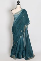 Nadia | Teal Green Shaded Soft Organza Saree | Zardosi Hand Embroidery