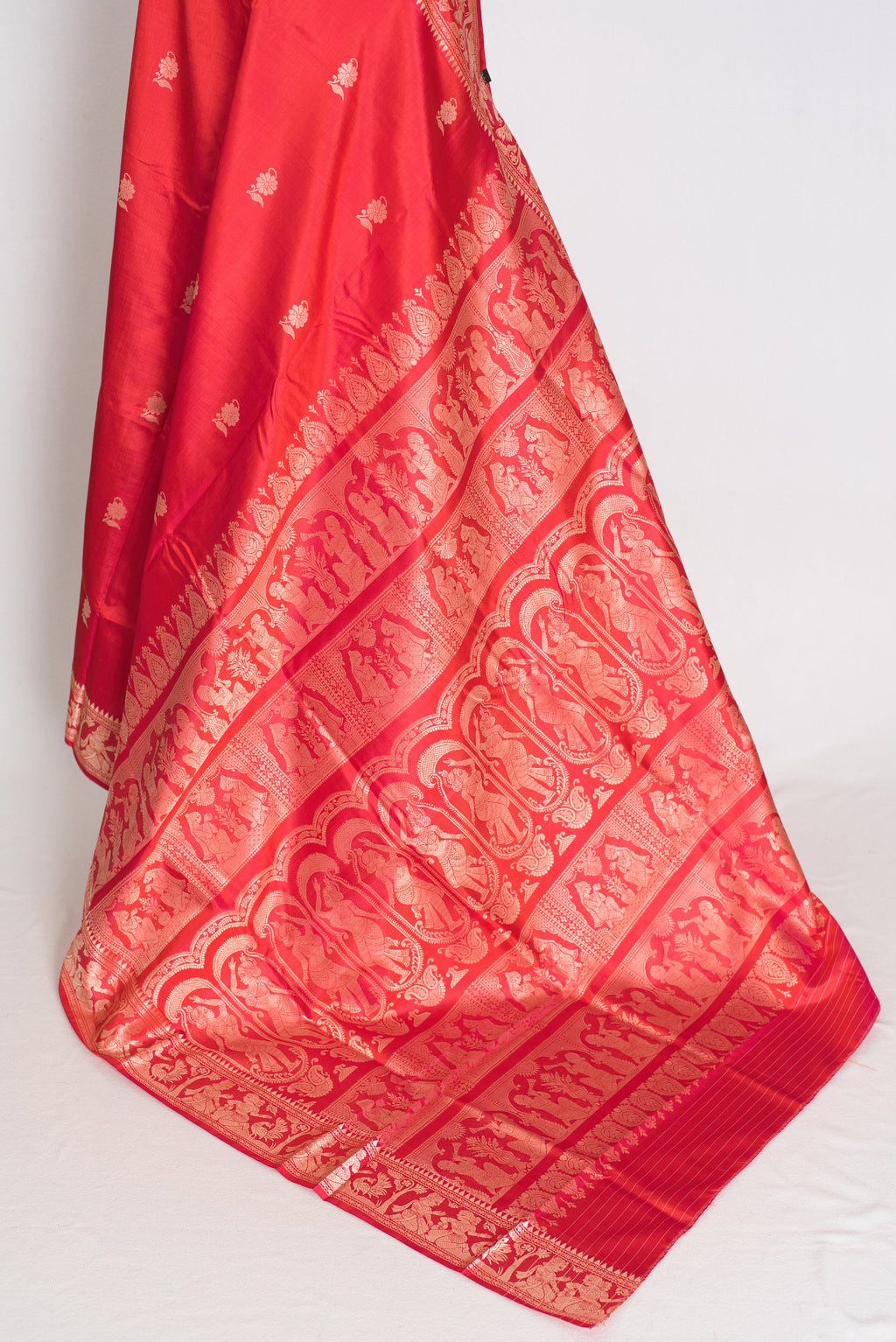Supriya | Orange Red and Cream Handwoven Baluchari Pure Silk Saree