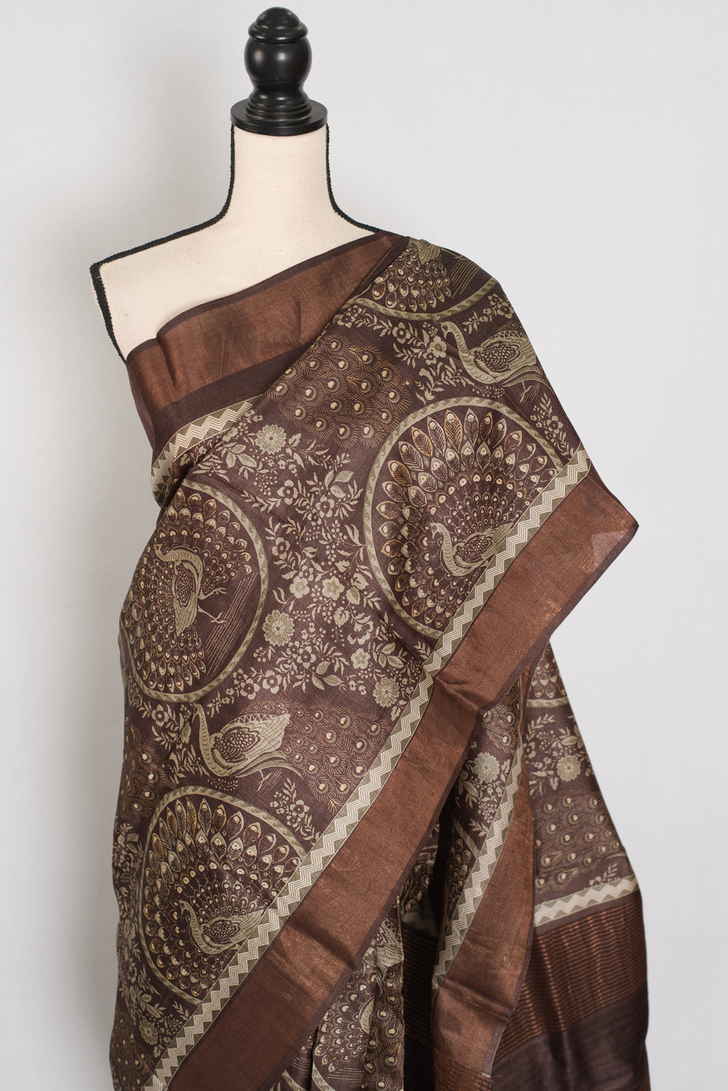 Kala | Earthy Brown Pure Tussar Silk Saree | Heritage Kalamkari Art Prints