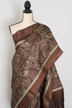 Kala | Earthy Brown Pure Tussar Silk Saree | Heritage Kalamkari Art Prints