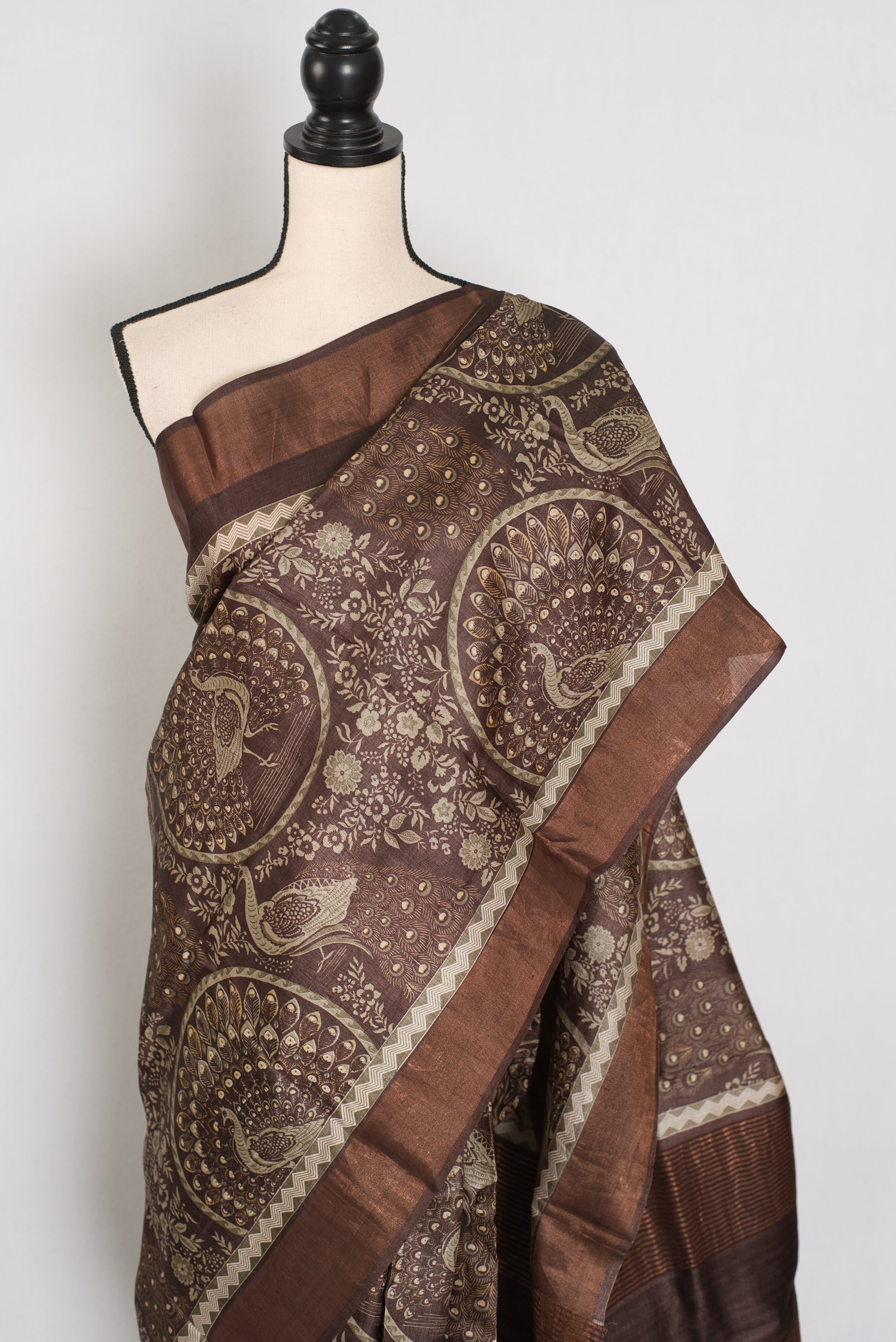 Kala | Earthy Brown Pure Tussar Silk Saree | Heritage Kalamkari Art Prints