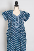Indigo Blue Floral Sprig Block Print Pure Cotton Indian Nightgown