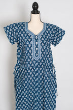 Indigo Blue Floral Sprig Block Print Pure Cotton Indian Nightgown