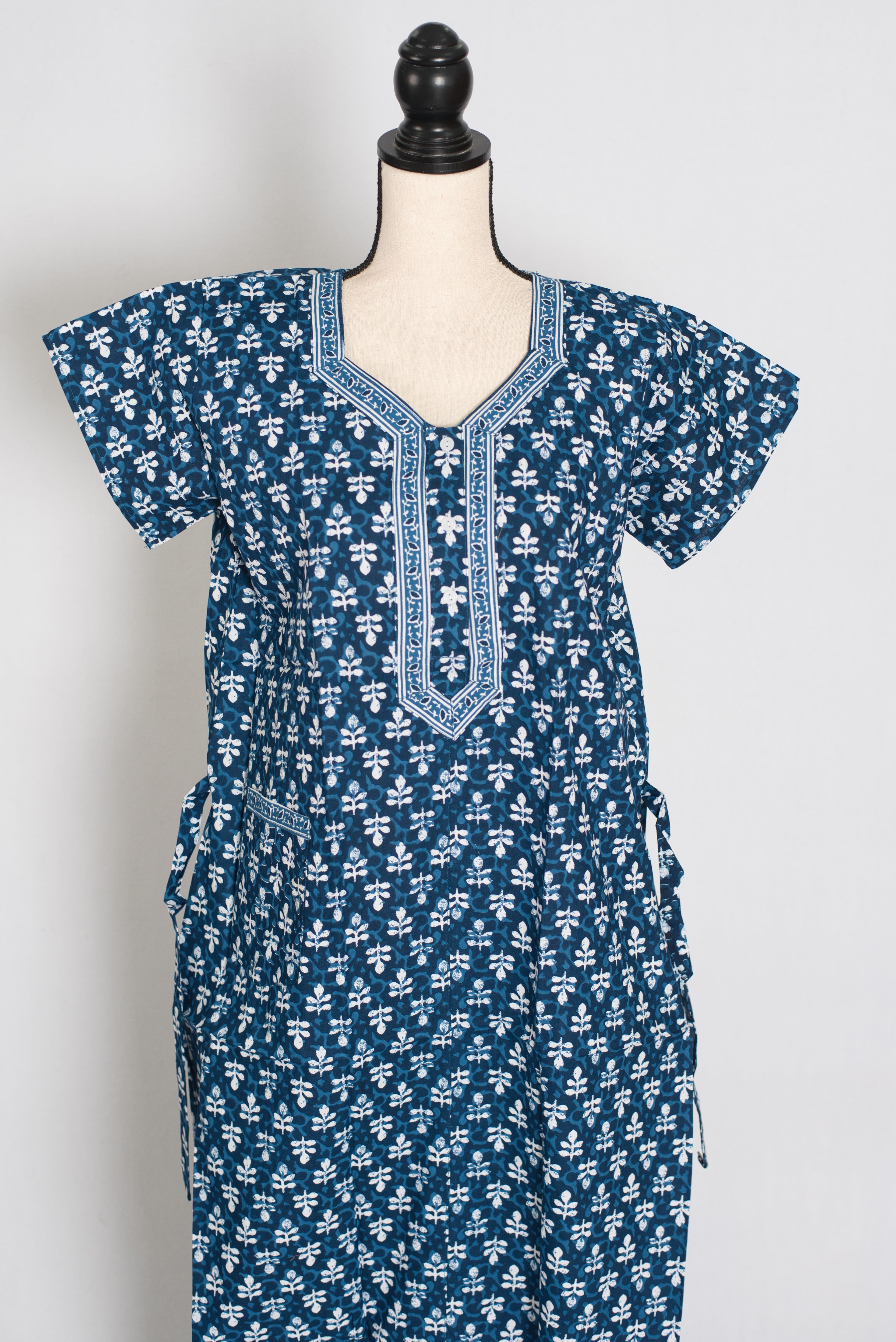 Indigo Blue Floral Sprig Block Print Pure Cotton Indian Nightgown
