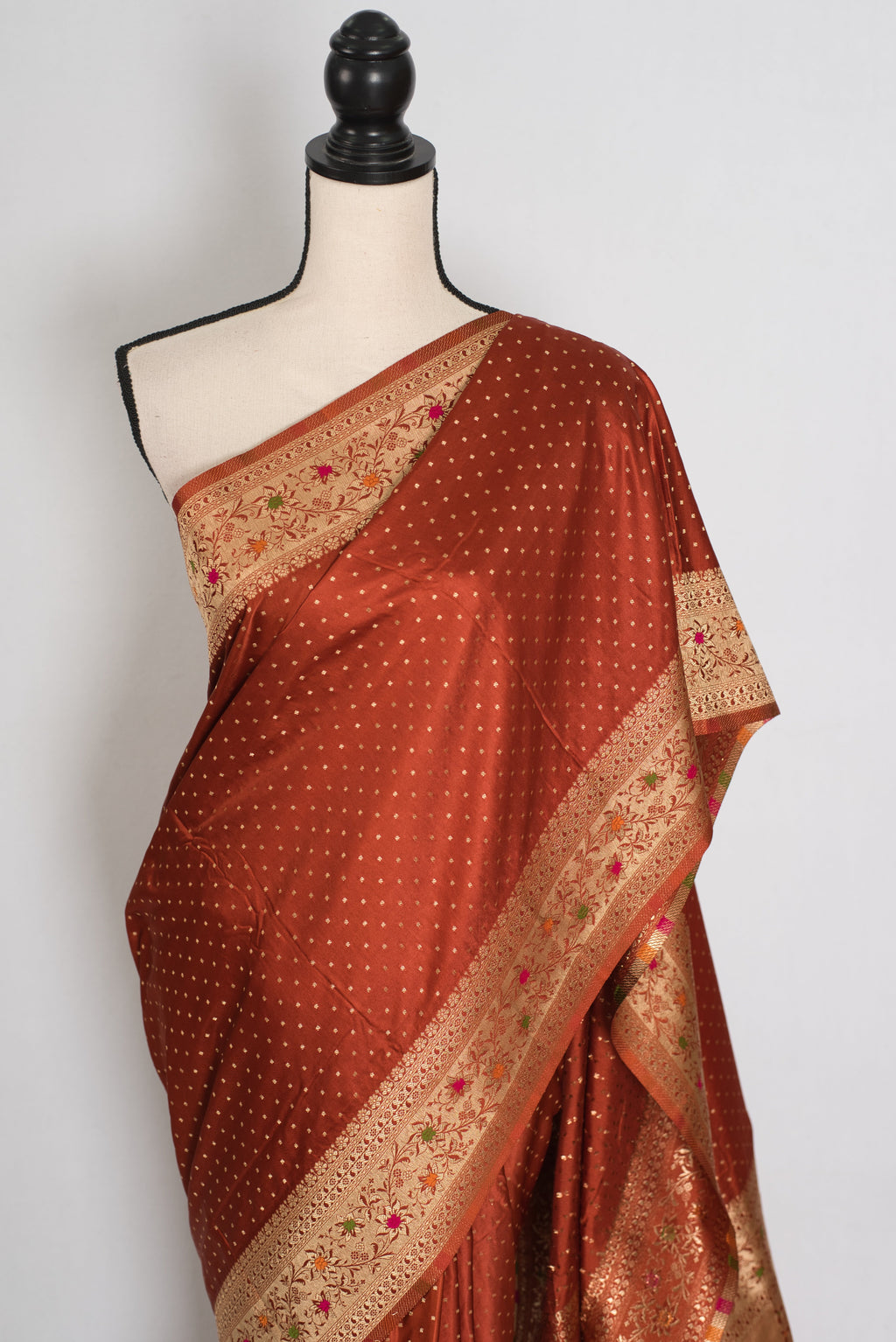 Nina | Rust Orange Semi Mashru Banarasi Saree | Pre-Stitched Size 40 Blouse