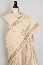 Shreya: Cream Semi Tussar Silk Saree with Multi-Color Cut Work Embroidery