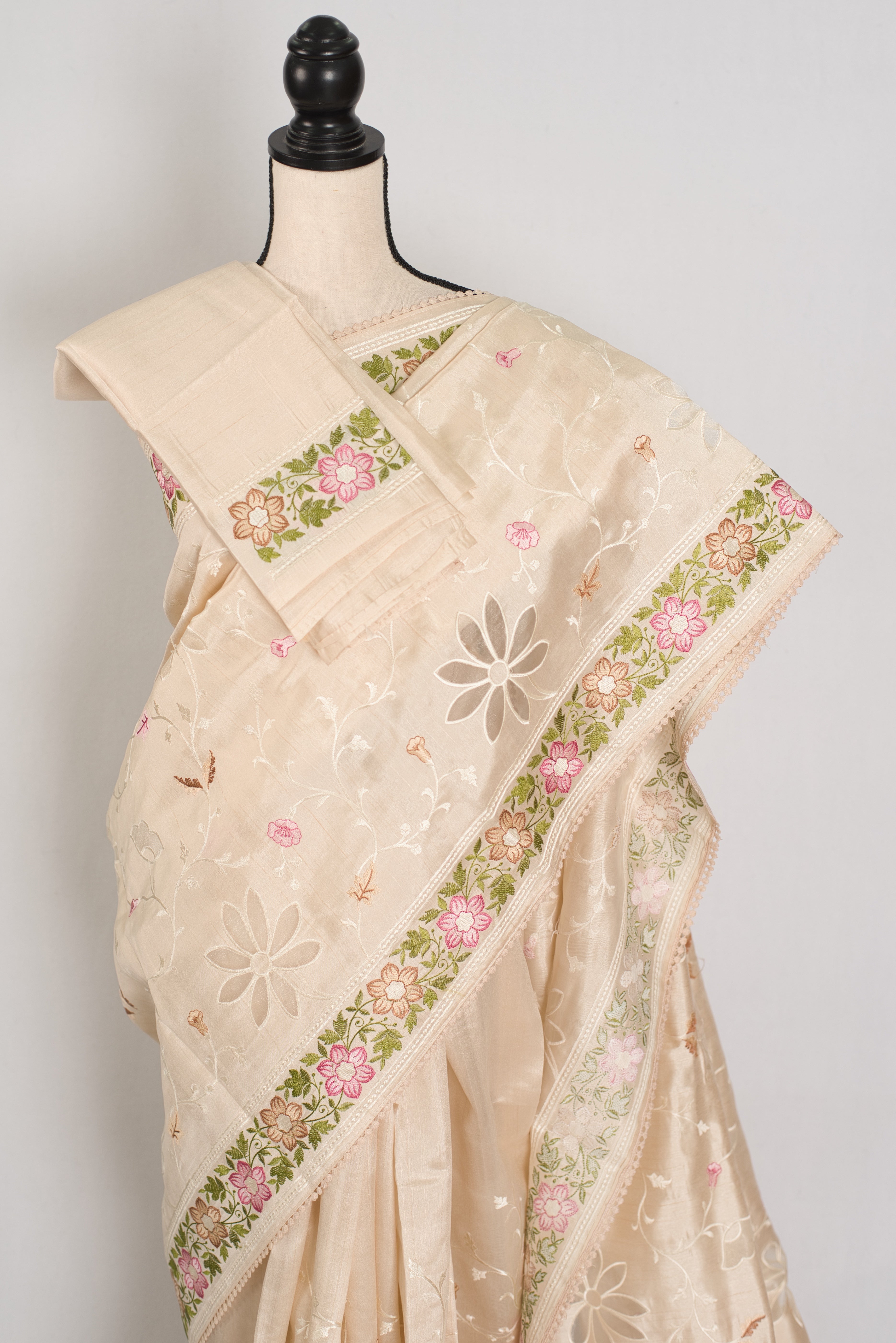 Shreya: Cream Semi Tussar Silk Saree with Multi-Color Cut Work Embroidery