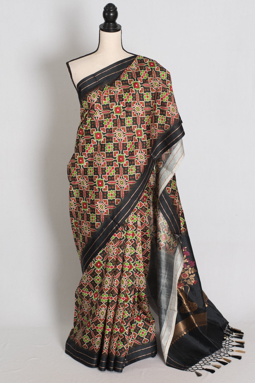 Kriti : Black and Gold Contemporary Ikkat Print Banarasi Katan Silk Saree