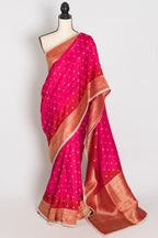 Harini | Pink & Red Dola Silk Banarasi Saree | Designer Stitched Lace Border