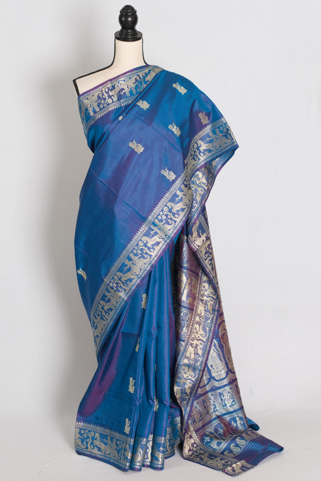 Arpita | Peacock Blue and Cream Handwoven Baluchari Silk Saree