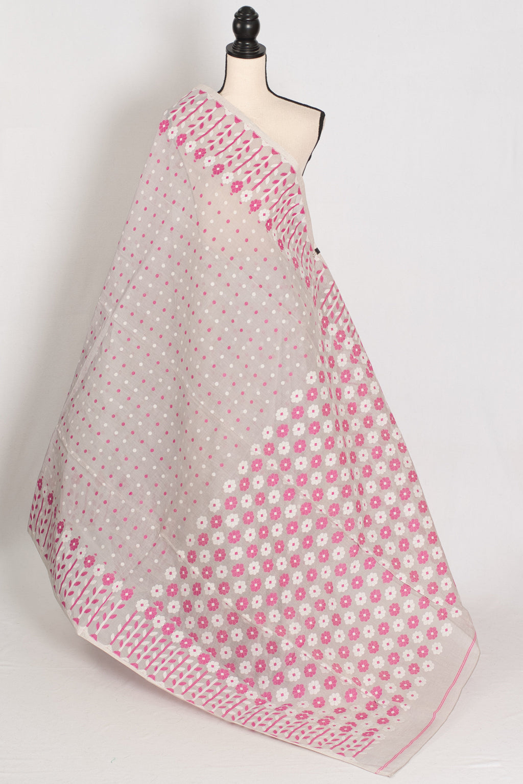 Geeta: Gray, Pink and White Pure Cotton Jamdani Saree with Blouse