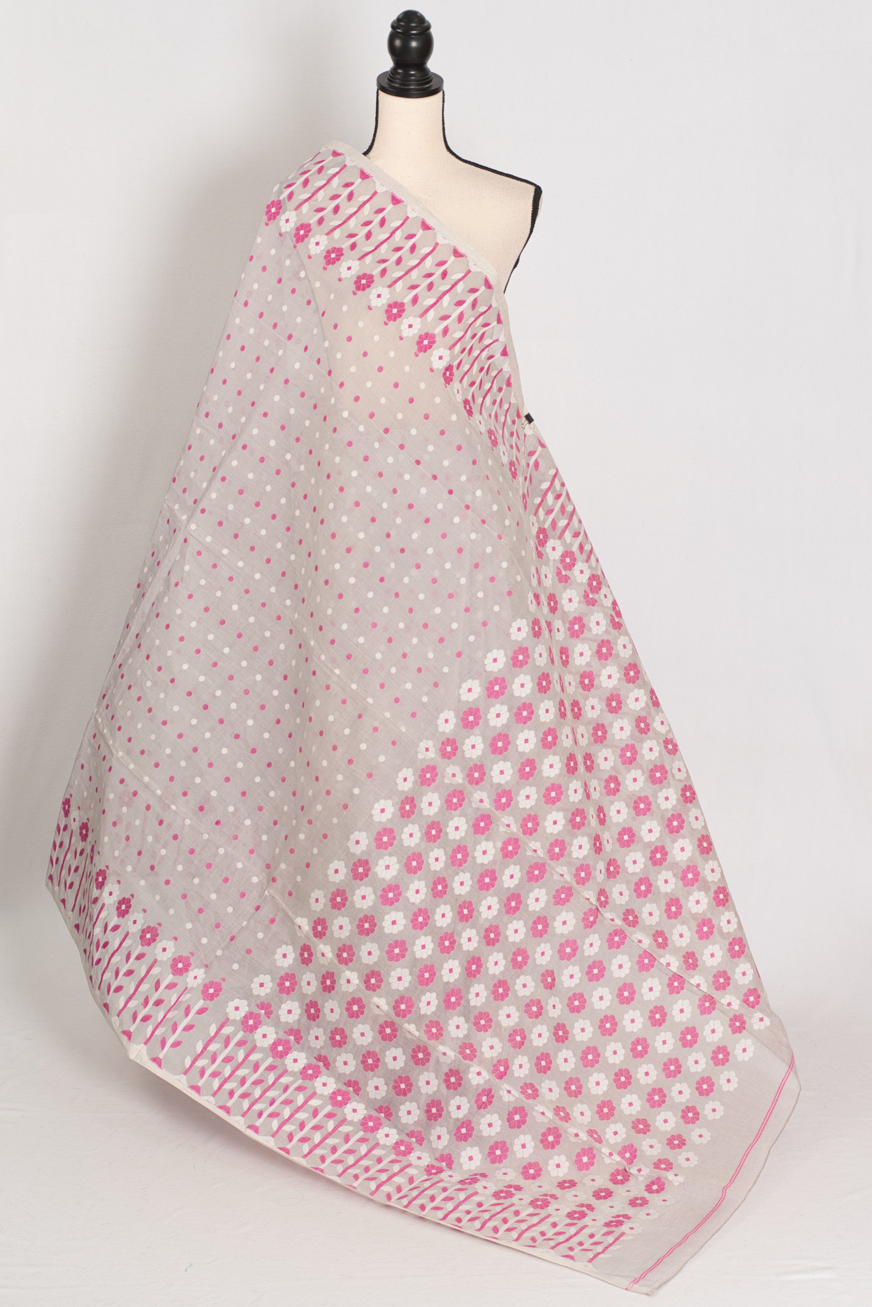 Geeta: Gray, Pink and White Pure Cotton Jamdani Saree with Blouse