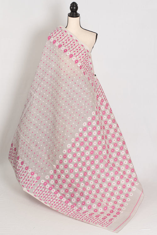 Geeta: Gray, Pink and White Pure Cotton Jamdani Saree with Blouse
