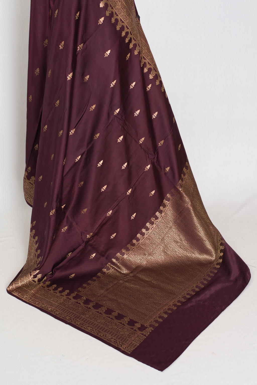 Ruuh | Wine Premium Mashru Banarasi Silk Saree | Antique Gold Zari Weaving