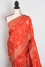 Mahi : Orange and Gold Dola Silk Banarasi Saree – with Hand Embroidery