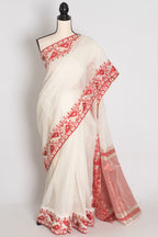 Mandar : Traditional White & Red Blended Kota Silk Jamdani Saree