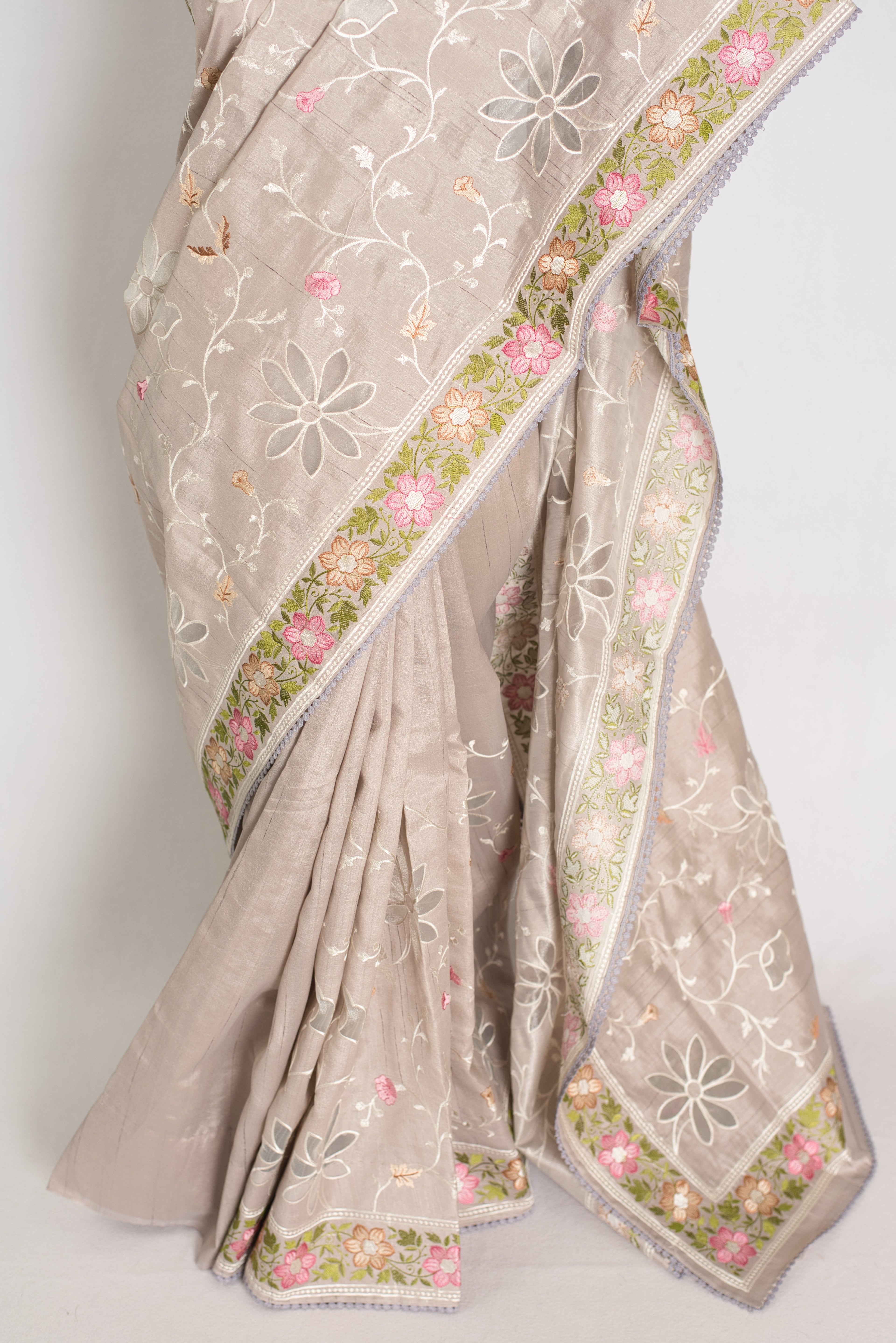 Sriti: Dove Grey Semi Tussar Silk Saree with Floral Cut Work Embroidery