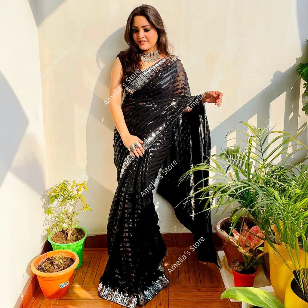 Indian Saree Dress for Women Ethnic Party Costume Traditional Sari Wedding Reception/Bharatanatyam Dance Performance No Tops