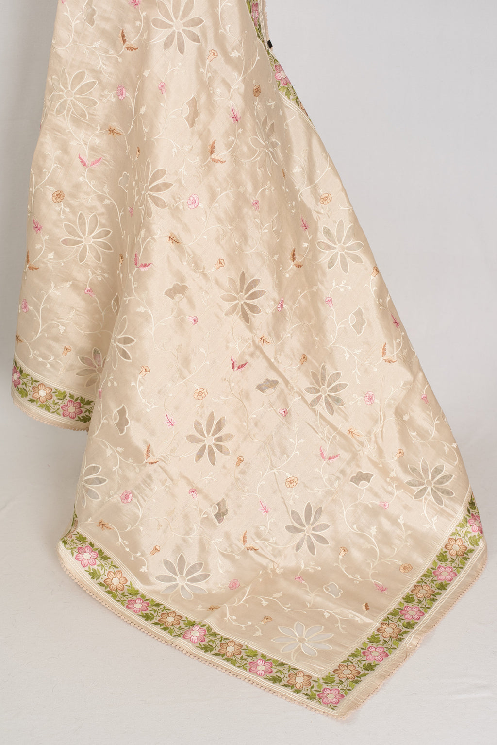 Shreya: Cream Semi Tussar Silk Saree with Multi-Color Cut Work Embroidery