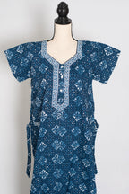 Indigo Blue Geometric Diamond Print Pure Cotton Indian Nightgown