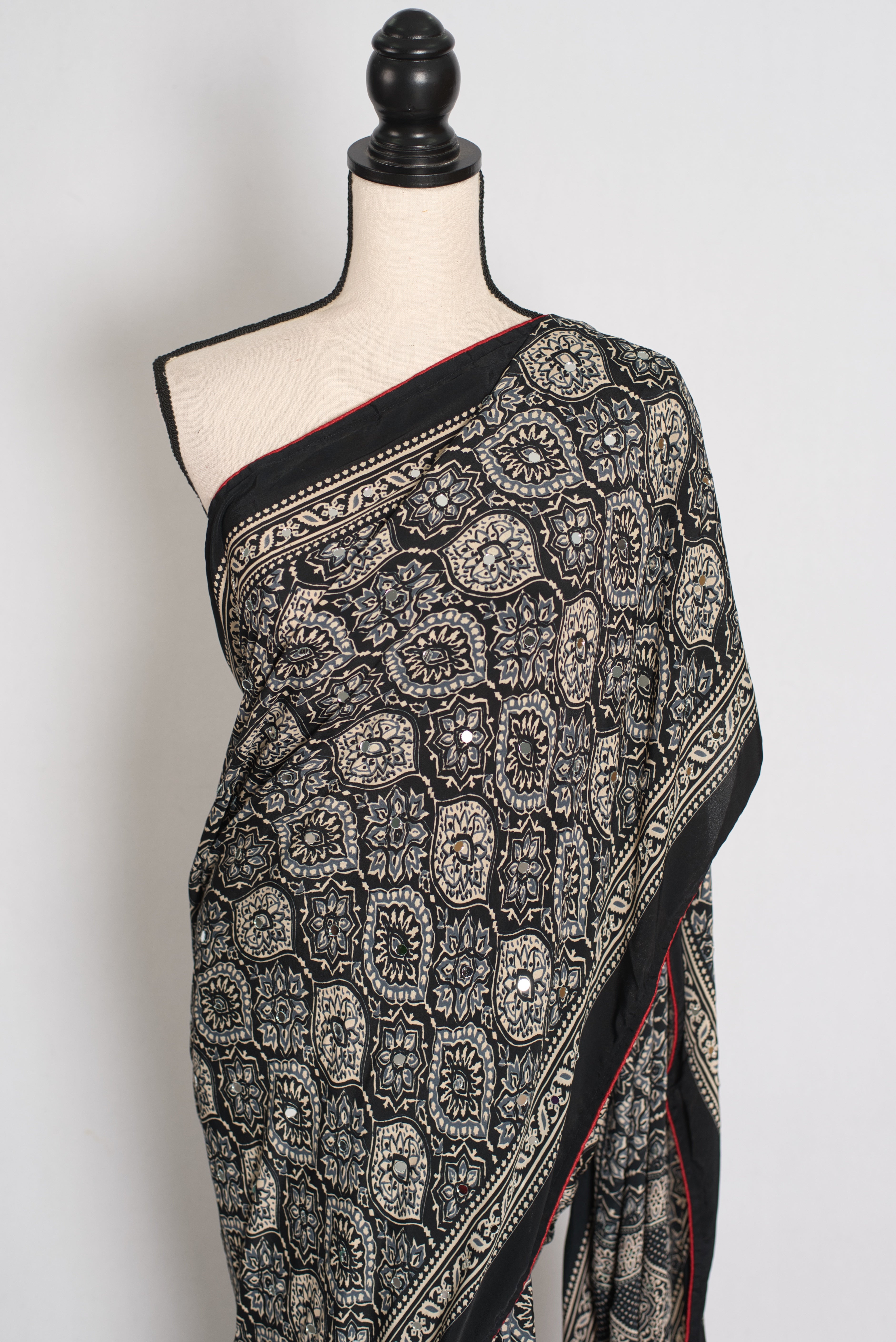 Ishq : Trending Black and Gray Semi Modal Silk Ajrakh Saree