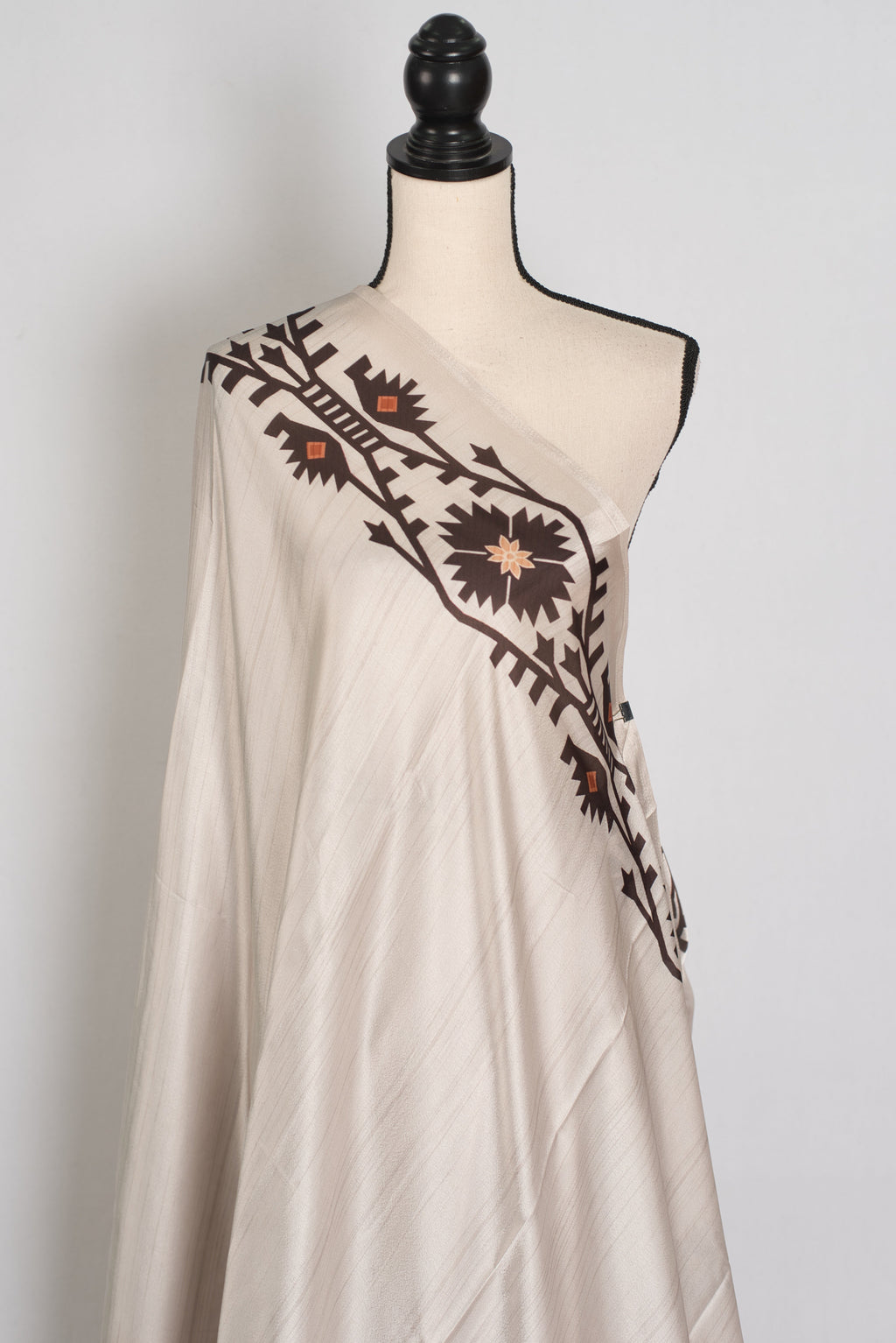 Rita | Cement White Soft Satin Saree with Traditional Kolka Prints